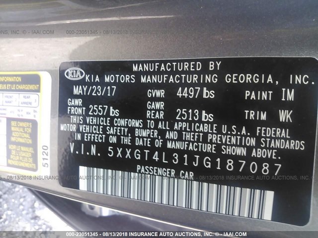 5XXGT4L31JG187087 - 2018 KIA OPTIMA LX/S GRAY photo 9