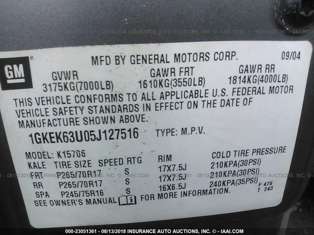 1GKEK63U05J127516 - 2005 GMC YUKON DENALI GRAY photo 9