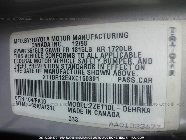 2T1BR12E9XC160391 - 1999 TOYOTA COROLLA VE/CE/LE 银色 照片 9