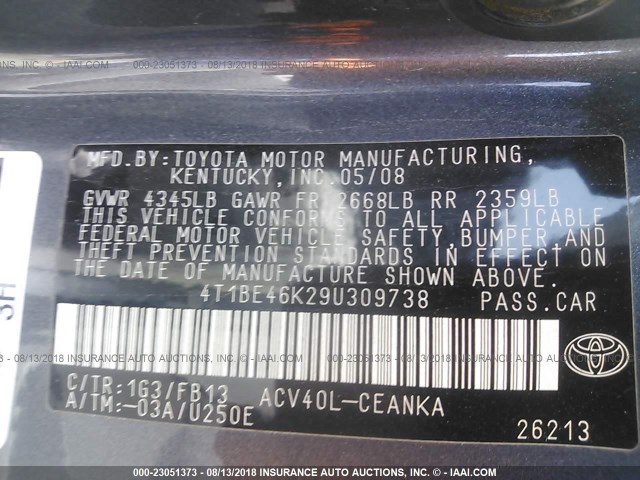 4T1BE46K29U309738 - 2009 TOYOTA CAMRY SE/LE/XLE ფერფლისფერი ფოტო 9