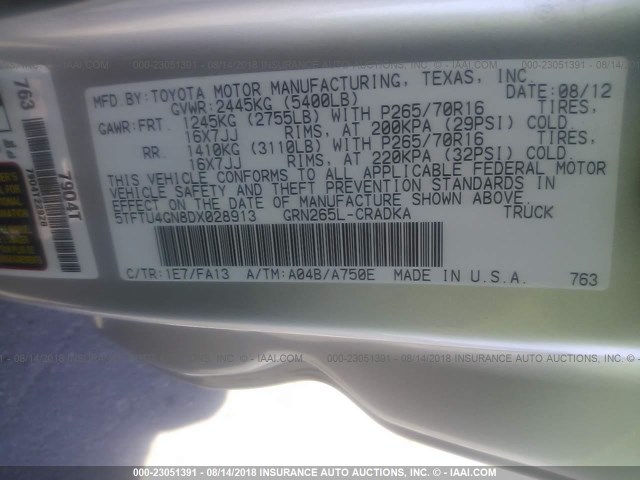 5TFTU4GN8DX028913 - 2013 TOYOTA TACOMA PRERUNNER ACCESS CAB SILVER photo 9