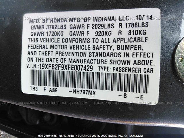 19XFB2F9XFE007429 - 2015 HONDA CIVIC EXL 灰色 照片 9