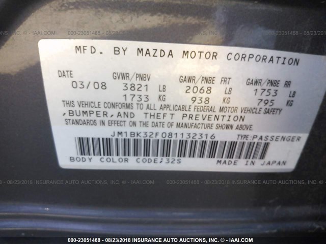 JM1BK32F081132316 - 2008 MAZDA 3 I GRAY photo 9