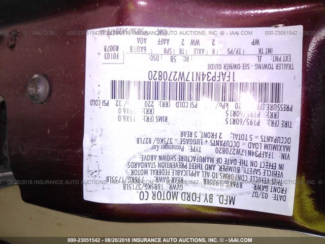 1FAFP34N17W270820 - 2007 FORD FOCUS ZX4/S/SE/SES 栗色 照片 9