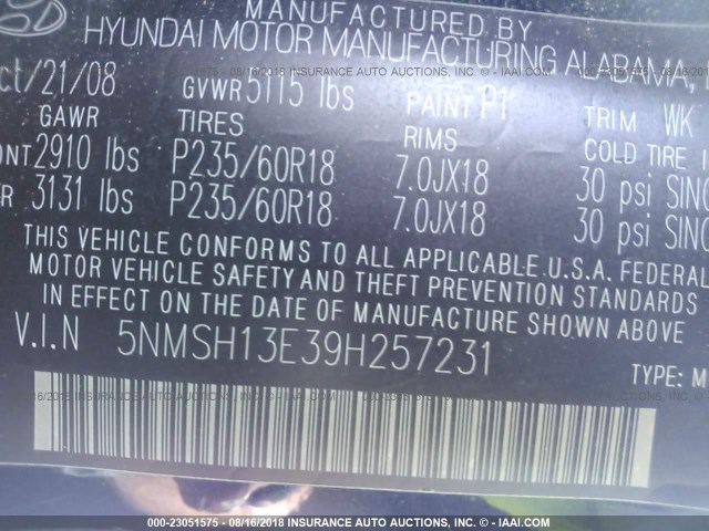 5NMSH13E39H257231 - 2009 HYUNDAI SANTA FE SE/LIMITED BLUE photo 9