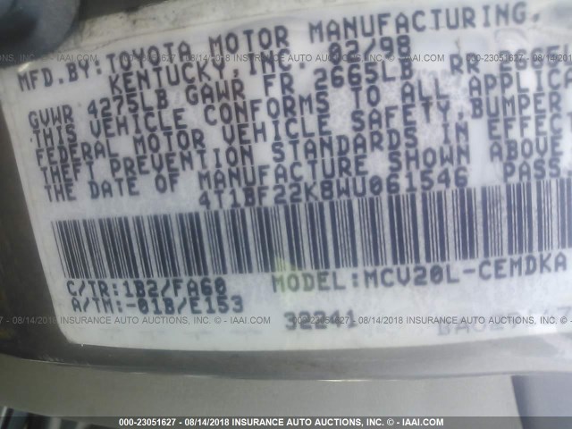 4T1BF22K8WU061546 - 1998 TOYOTA CAMRY CE/LE/XLE ვერცხლისფერი ფოტო 9