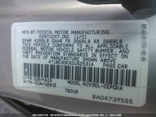 4T1BE30KX2U525314 - 2002 TOYOTA CAMRY LE/XLE/SE Күміс фото 9