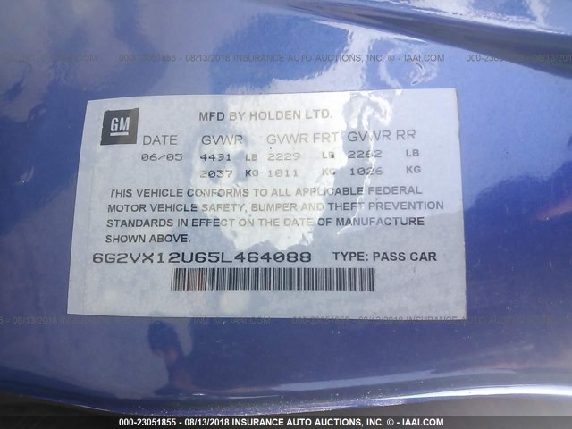 6G2VX12U65L464088 - 2005 PONTIAC GTO BLUE photo 9