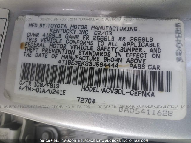 4T1BE32K33U694444 - 2003 TOYOTA CAMRY LE/XLE/SE 银色 照片 9