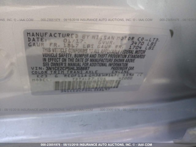 3N1CE2CP5HL358697 - 2017 NISSAN VERSA NOTE S/S PLUS/SV/SL/SR SILVER photo 9