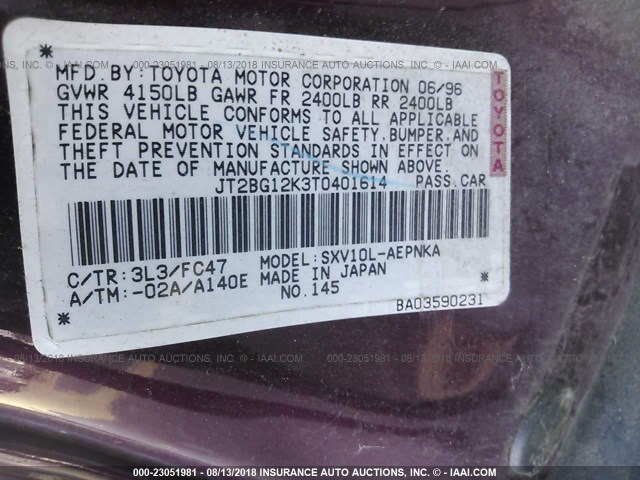 JT2BG12K3T0401614 - 1996 TOYOTA CAMRY DX/LE/XLE PURPLE photo 9