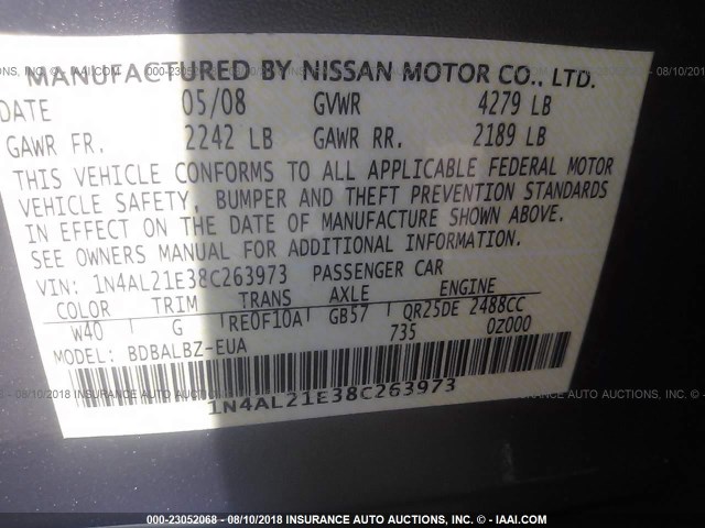 1N4AL21E38C263973 - 2008 NISSAN ALTIMA 2.5/2.5S SILVER photo 9