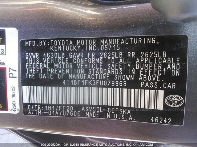 4T1BF1FK3FU078968 - 2015 TOYOTA CAMRY LE/XLE/SE/XSE GRAY photo 9