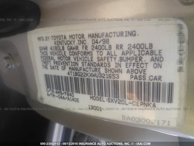 4T1BG22KXWU321653 - 1998 TOYOTA CAMRY CE/LE/XLE 金色 照片 9