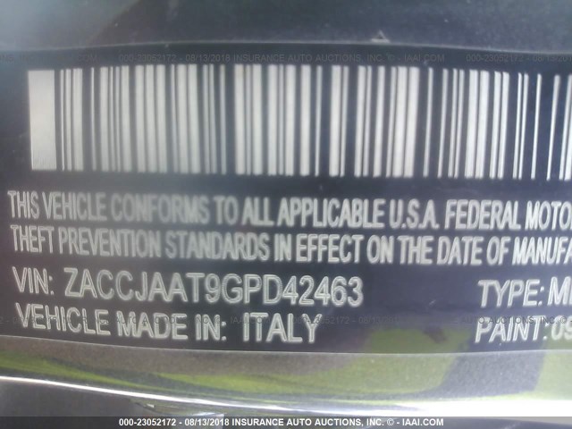 ZACCJAAT9GPD42463 - 2016 JEEP RENEGADE SPORT Մոխրագույն լուսանկար 9