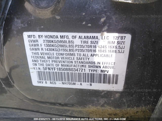 5FNYF18508B034721 - 2008 HONDA PILOT GRAY photo 9