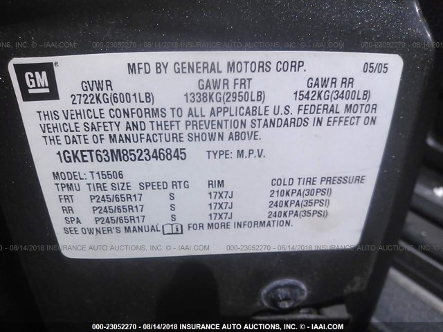 1GKET63M852346845 - 2005 GMC ENVOY DENALI GRAY photo 9