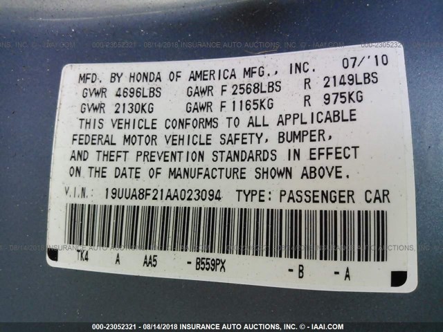 19UUA8F21AA023094 - 2010 ACURA TL BLUE photo 9