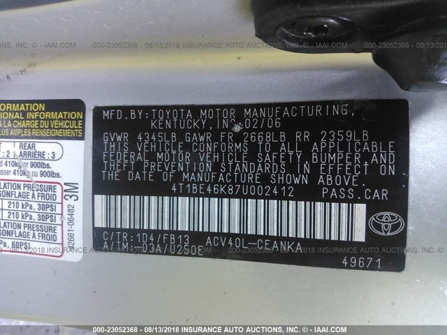 4T1BE46K87U002412 - 2007 TOYOTA CAMRY NEW GENERAT CE/LE/XLE/SE SILVER photo 9