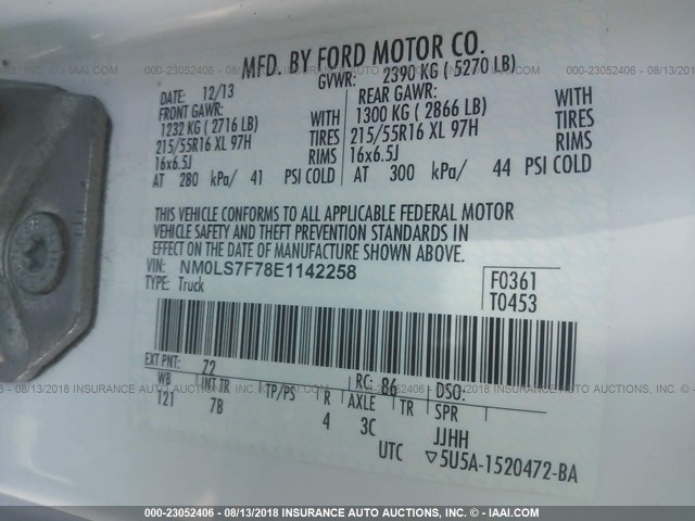 NM0LS7F78E1142258 - 2014 FORD TRANSIT CONNECT XLT WHITE photo 9