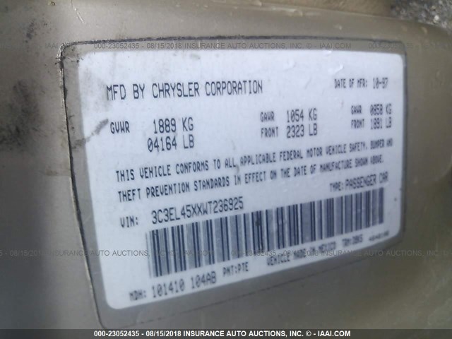 3C3EL45XXWT236925 - 1998 CHRYSLER SEBRING JX GOLD photo 9