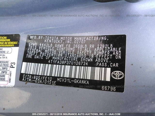 4T1FA38P37U126734 - 2007 TOYOTA CAMRY SOLARA SE/SLE Mavi foto 9