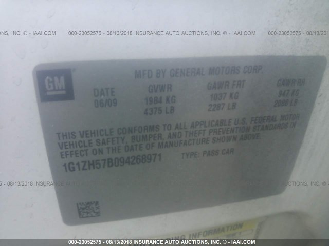 1G1ZH57B094268971 - 2009 CHEVROLET MALIBU 1LT WHITE photo 9