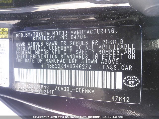 4T1BE32K14U346272 - 2004 TOYOTA CAMRY LE/XLE/SE Qara foto 9