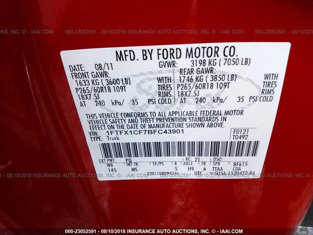 1FTFX1CF7BFC43901 - 2011 FORD F150 SUPER CAB RED photo 9