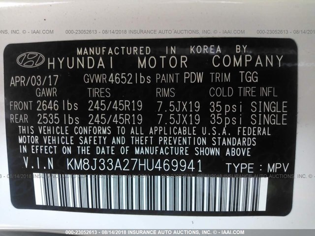 KM8J33A27HU469941 - 2017 HYUNDAI TUCSON LIMITED/SPORT AND ECO/SE WHITE photo 9