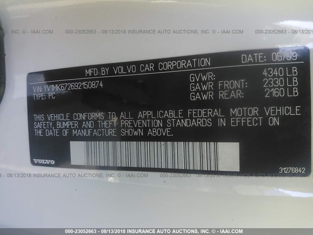 YV1MK672692150874 - 2009 VOLVO C30 T5 WHITE photo 9