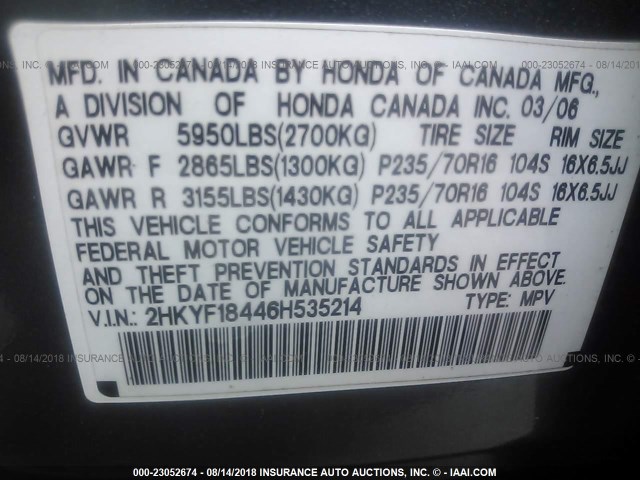 2HKYF18446H535214 - 2006 HONDA PILOT EX Light Blue photo 9