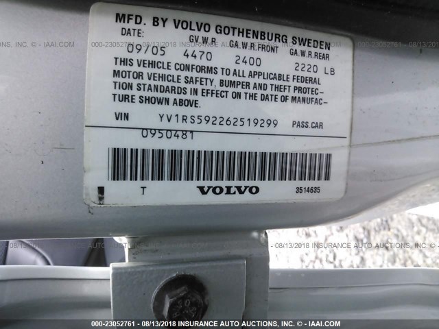 YV1RS592262519299 - 2006 VOLVO S60 2.5T SILVER photo 9