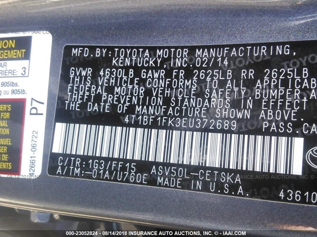 4T1BF1FK3EU372689 - 2014 TOYOTA CAMRY L/SE/LE/XLE ნაცრისფერი ფოტო 9