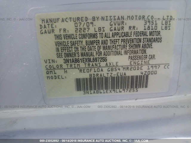 3N1AB61EX9L697255 - 2009 NISSAN SENTRA 2.0/2.0S/2.0SL WHITE photo 9