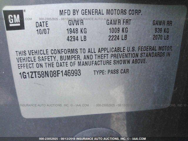 1G1ZT58N08F146993 - 2008 CHEVROLET MALIBU LT/CLASSIC GRAY photo 9