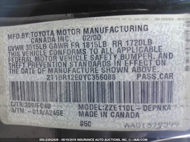 2T1BR12E0YC356088 - 2000 TOYOTA COROLLA VE/CE/LE 黑色 照片 9