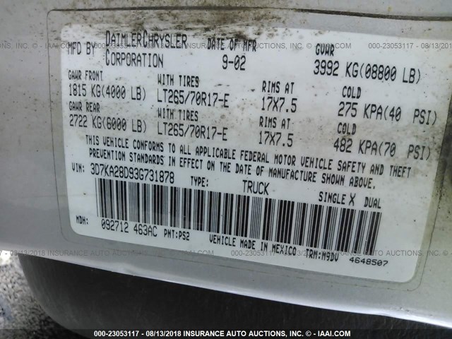 3D7KA28D93G731878 - 2003 DODGE RAM 2500 ST/SLT SILVER photo 9