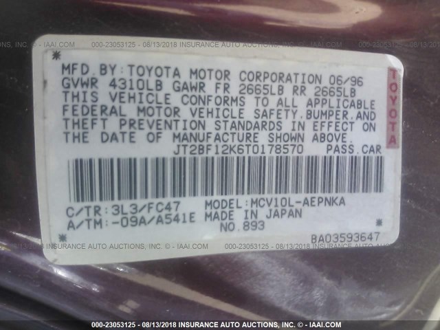 JT2BF12K6T0178570 - 1996 TOYOTA CAMRY LE/XLE/SE Bordo foto 9