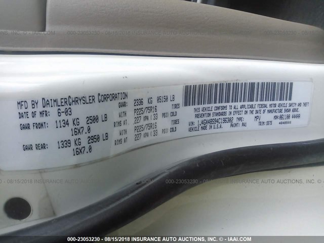 1J4GX48S94C196302 - 2004 JEEP GRAND CHEROKEE LAREDO/COLUMBIA/FREEDOM 白色 照片 9