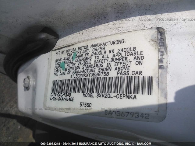 4T1BG22KXYU926758 - 2000 TOYOTA CAMRY CE/LE/XLE 白色 照片 9