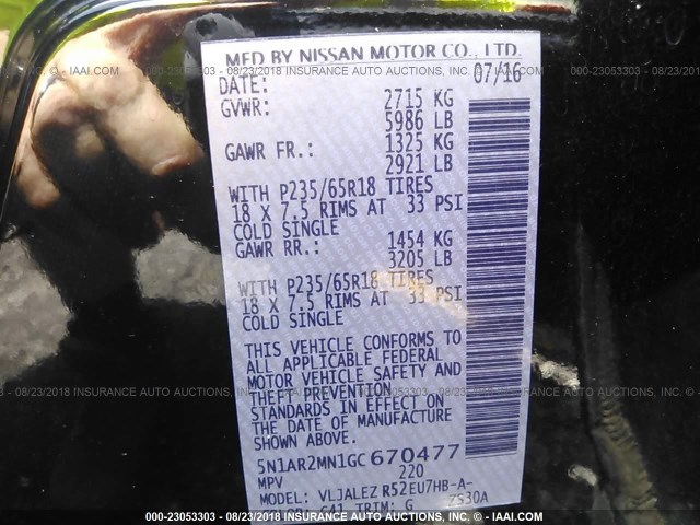 5N1AR2MN1GC670477 - 2016 NISSAN PATHFINDER S/SV/SL/PLATINUM BLACK photo 9