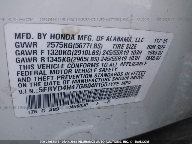 5FRYD4H47GB040155 - 2016 ACURA MDX TECHNOLOGY WHITE photo 9