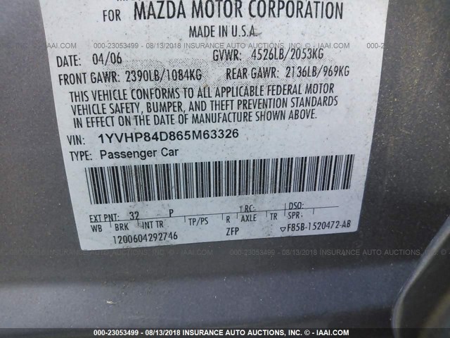 1YVHP84D865M63326 - 2006 MAZDA 6 S GRAY photo 9