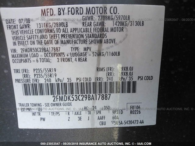 2FMDK53C29BA17887 - 2009 FORD FLEX LIMITED GRAY photo 9