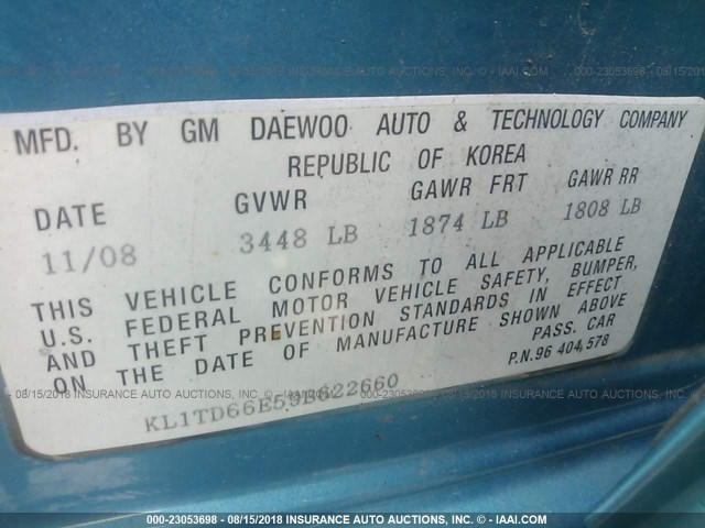 KL1TD66E59B622660 - 2009 CHEVROLET AVEO LS/LT 蓝色 照片 9