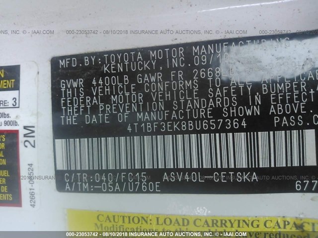 4T1BF3EK8BU657364 - 2011 TOYOTA CAMRY SE/LE/XLE 白色 照片 9