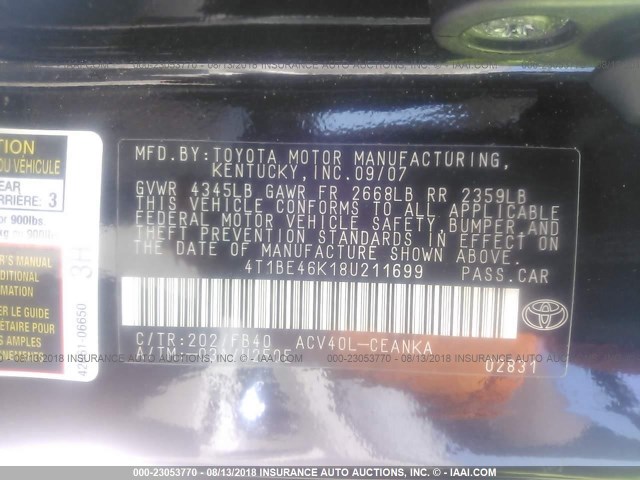 4T1BE46K18U211699 - 2008 TOYOTA CAMRY CE/LE/XLE/SE BLACK photo 9