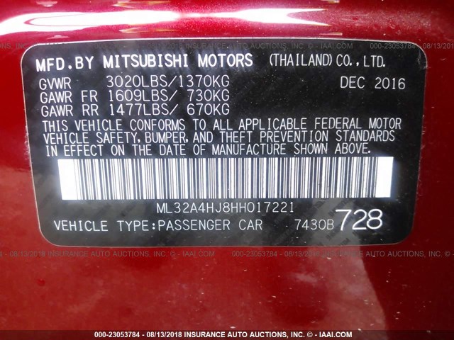 ML32A4HJ8HH017221 - 2017 MITSUBISHI MIRAGE SE RED photo 9