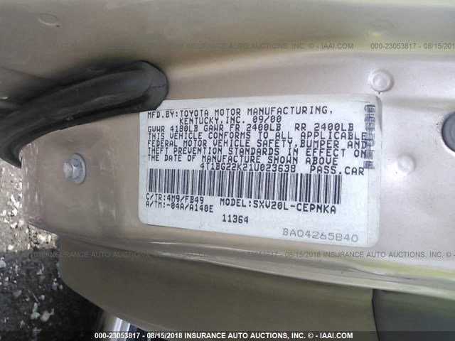4T1BG22K21U023638 - 2001 TOYOTA CAMRY CE/LE/XLE 棕色 照片 9